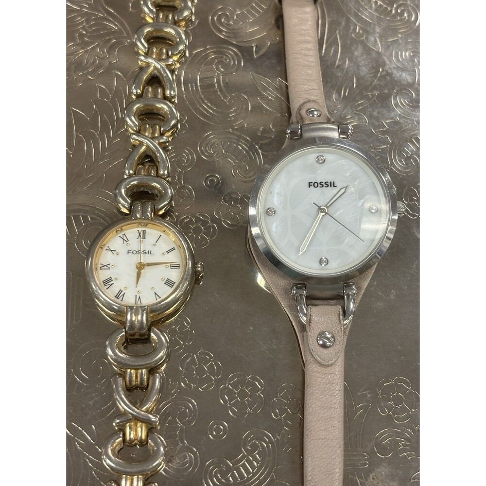 Fossil Women’s Watch Lot 2 Pc Bracelet Chain Watch + Leather Strap MOP Dial